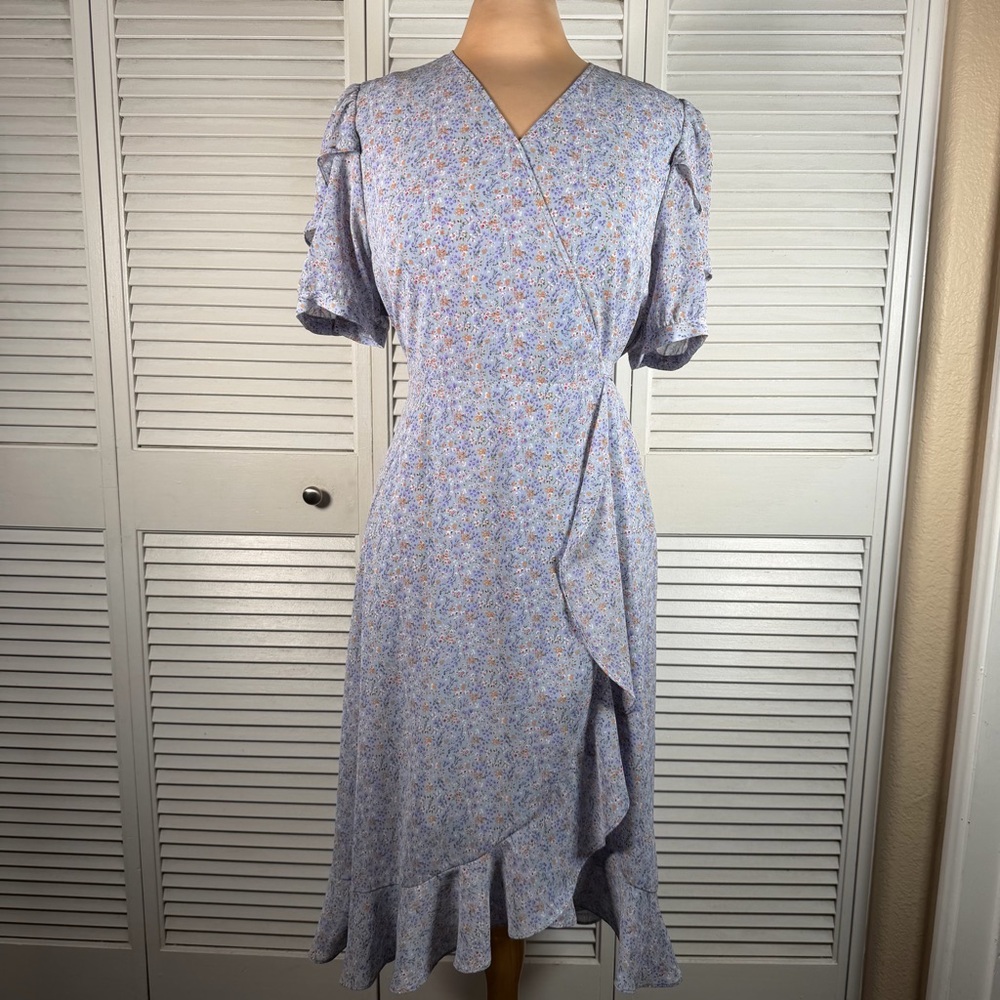 SOUP‎ Floral Faux Wrap Midi Dress Blue Boho Cottagecore Tie Waist M/L NWT